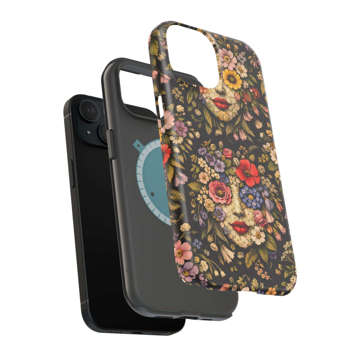 Angled iPhone 13-17 phone case with floral face print and camera cutouts visible