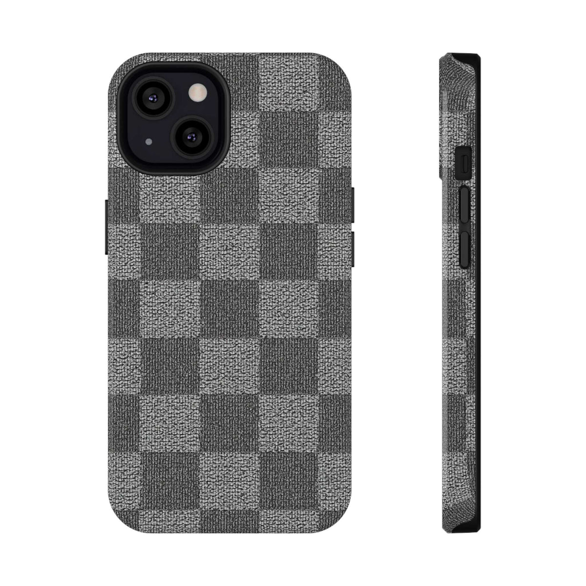 Gray checkered phone case front with camera cutouts and side edge with openings