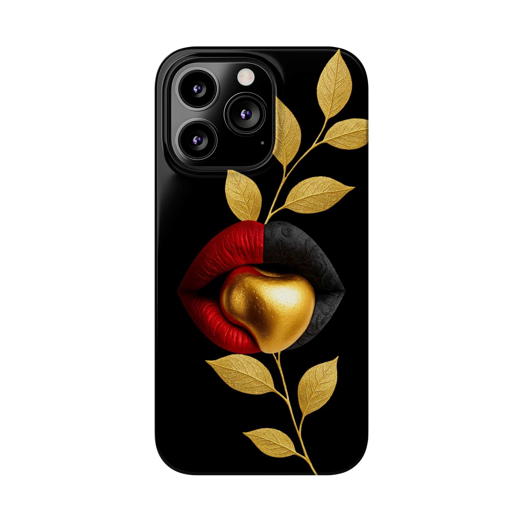 Gilded Expression phone case for iPhone 11-17: black with gold leaves, red lips & gold heart