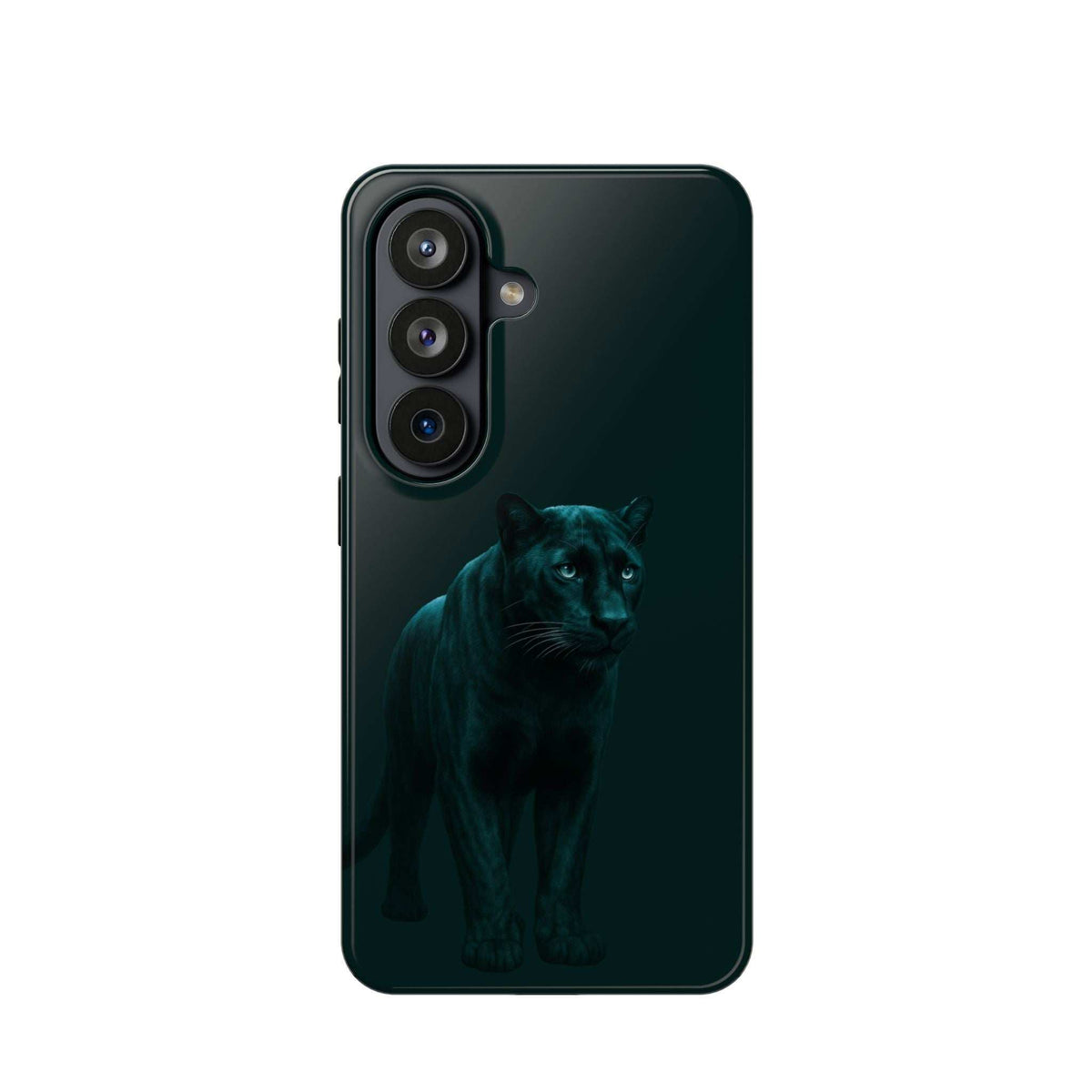 Dark glossy phone case with teal panther graphic and raised camera cutouts