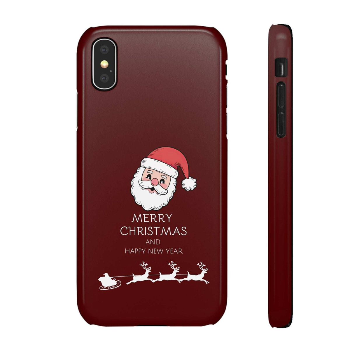 Red glossy phone case with Santa Merry Christmas print; side buttons visible
