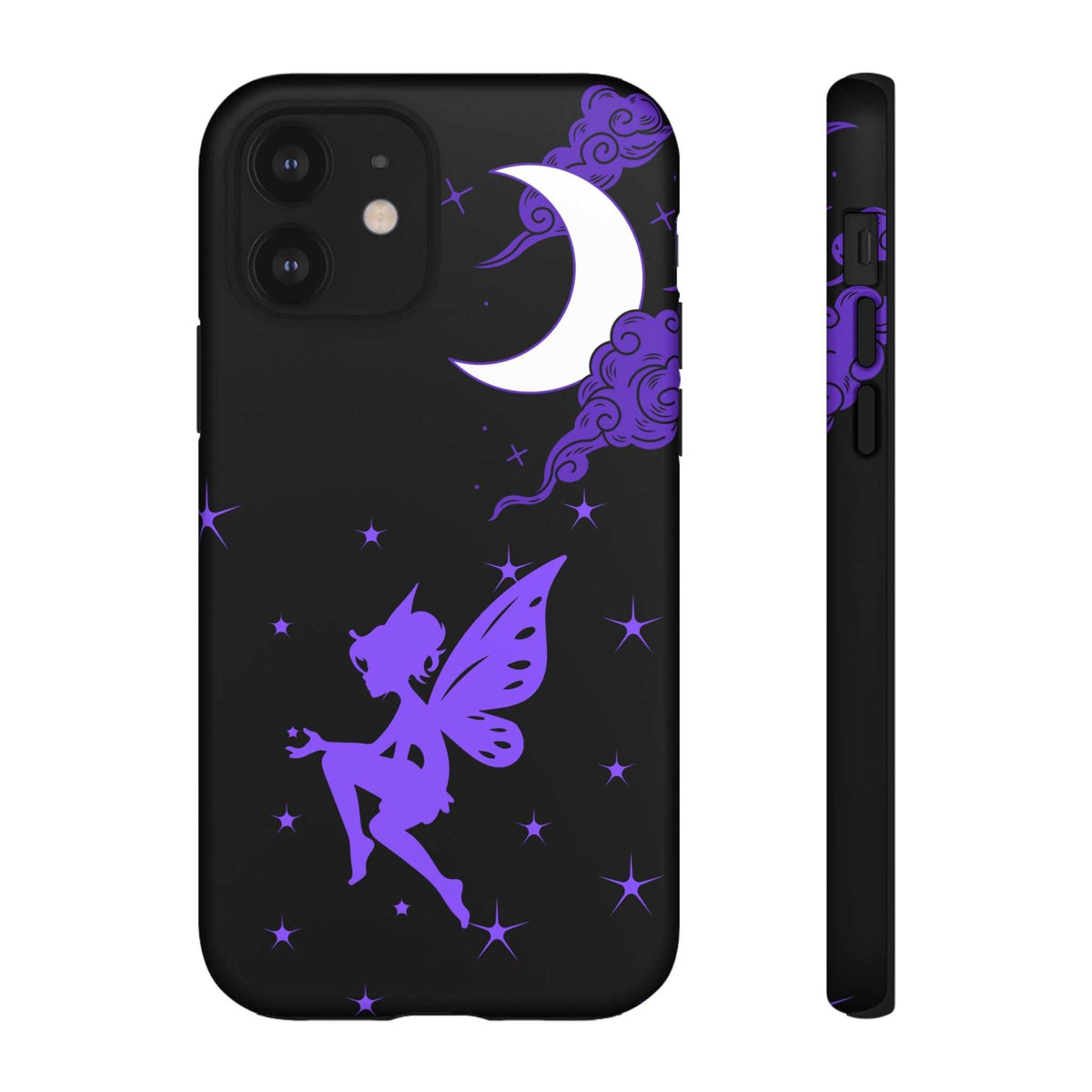Black phone case with purple fairy and crescent moon; camera cutout on back panel