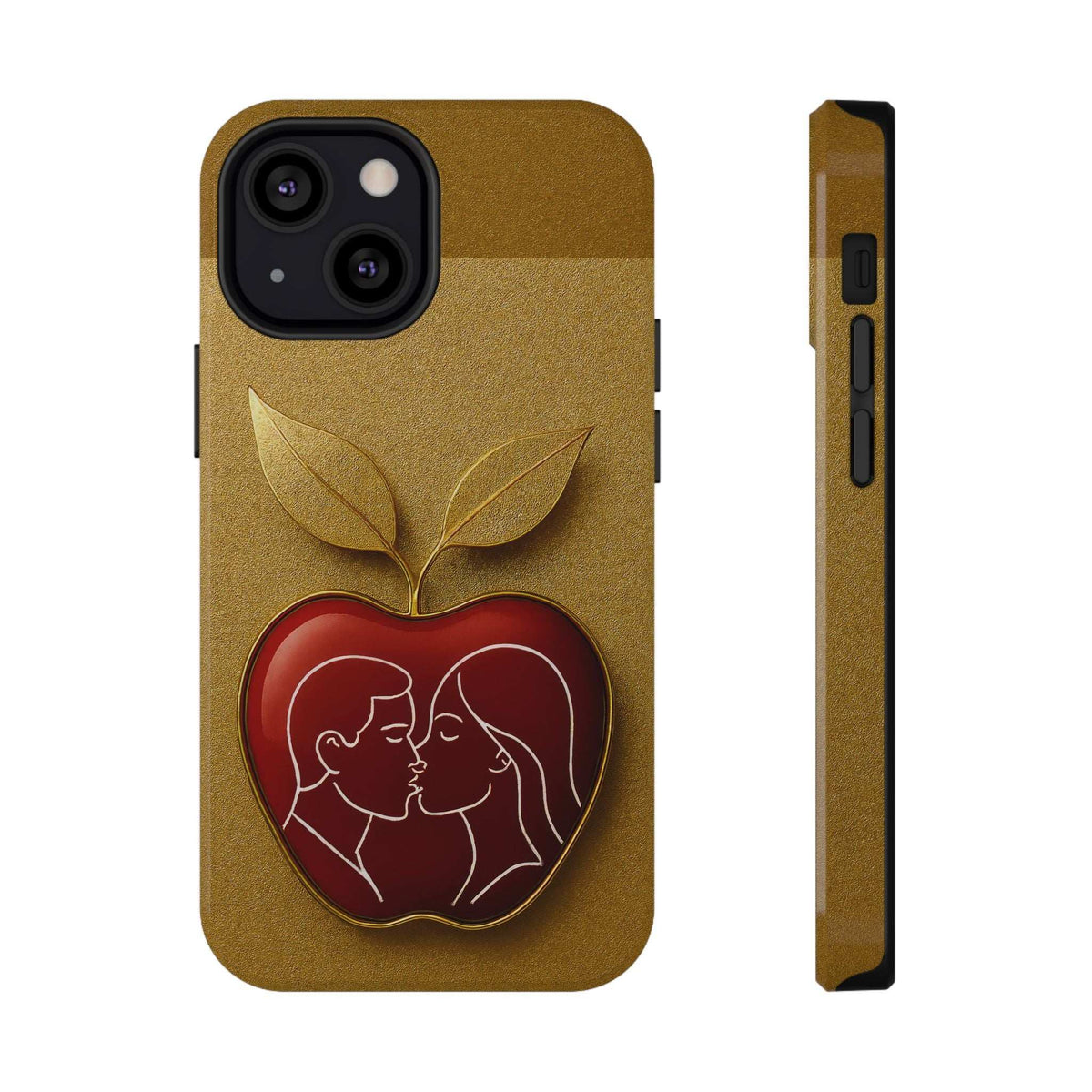 Gold glitter phone case with red heart couple kissing and gold leaf design, includes side view