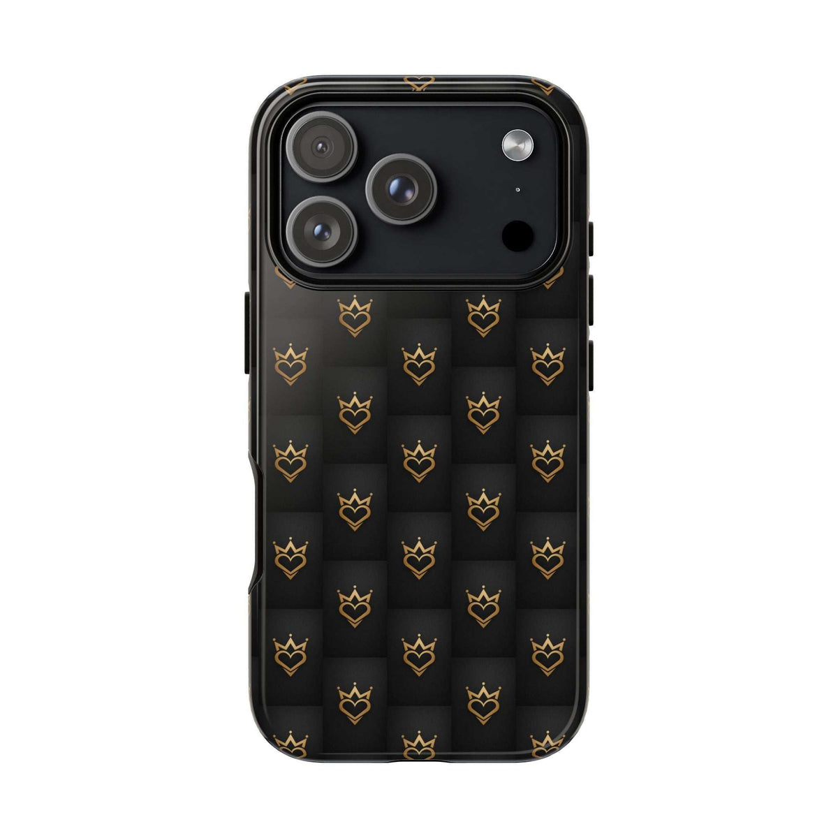 Glossy black phone case with gold crowned heart doodle pattern, horizontal dual camera cutout.