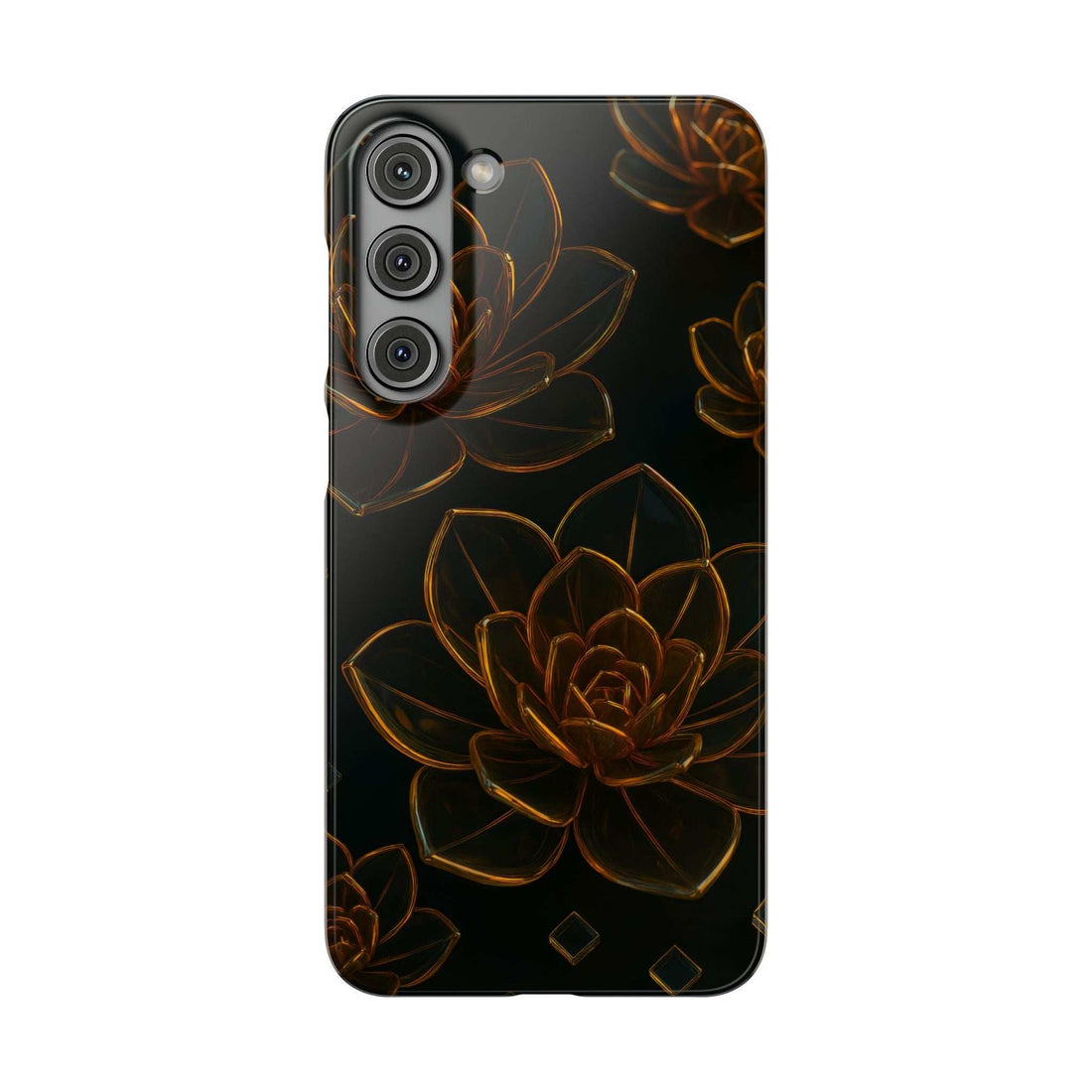 Glossy glass phone case with bronze flower illustration on black; multi-camera cutouts.