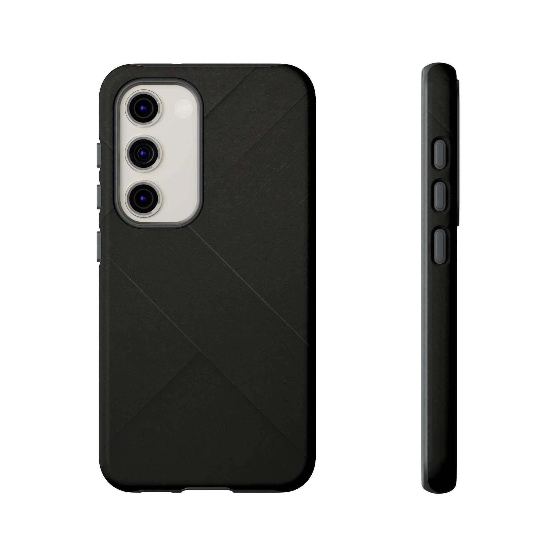 Matte black phone case with diagonal line texture, camera cutouts, and side button cover.