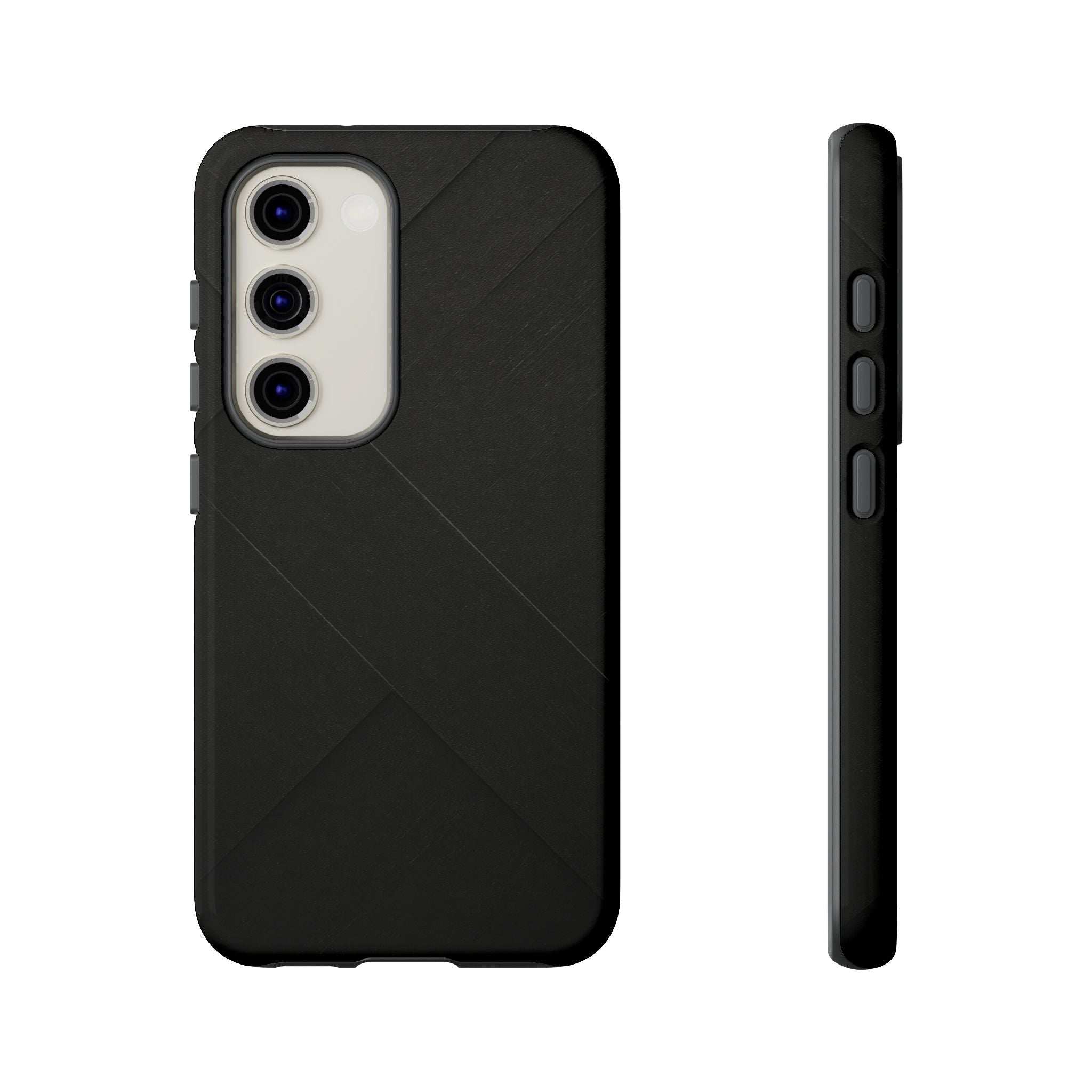 Matte black phone case with diagonal line texture, camera cutouts, and side button cover.