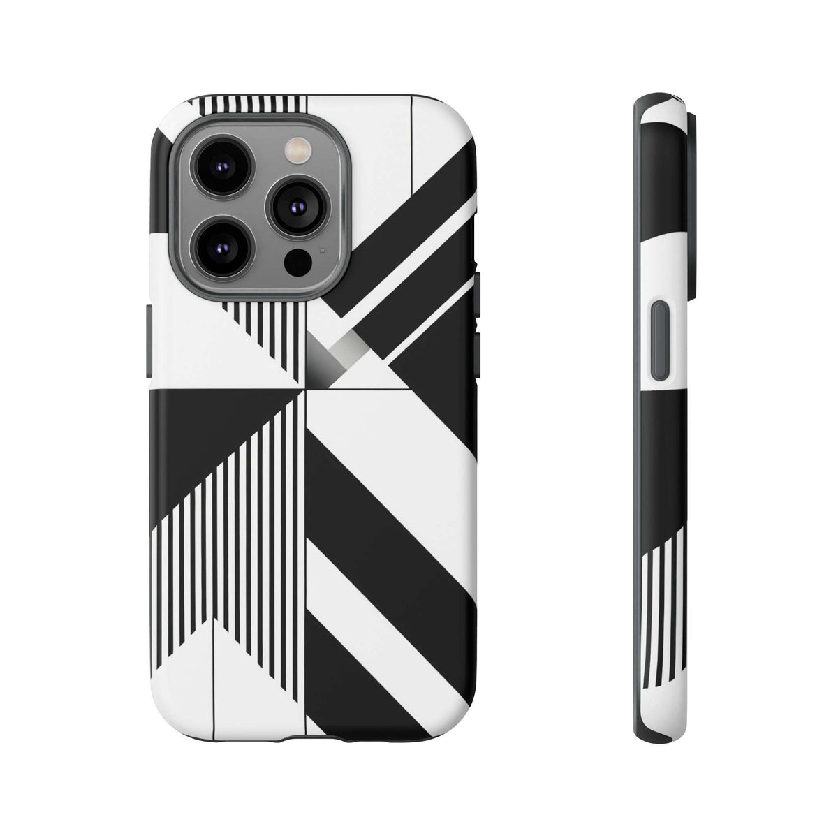 Monochrome tough phone case with black-and-white geometric stripes and side button opening