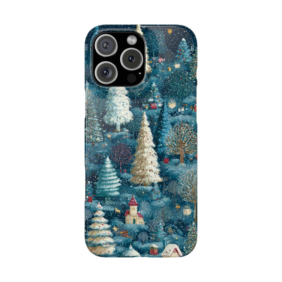 Blue winter forest phone case with snowy trees and small cabin houses, camera cutouts