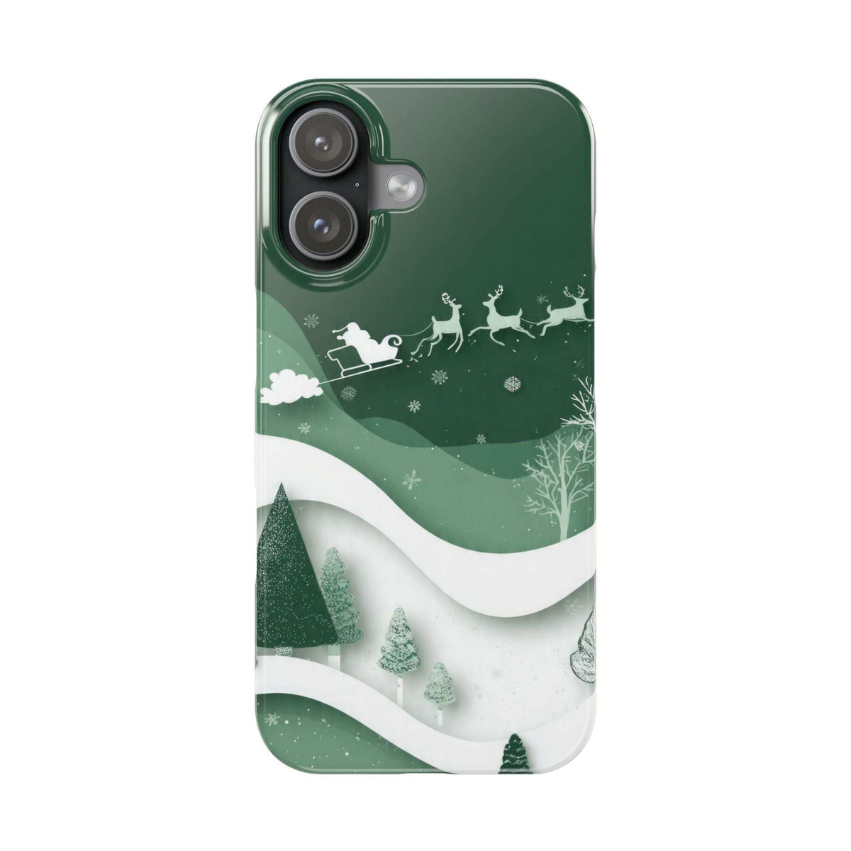 Green evergreen phone case with sleigh and reindeer scene, white wave stripe, and pine trees.