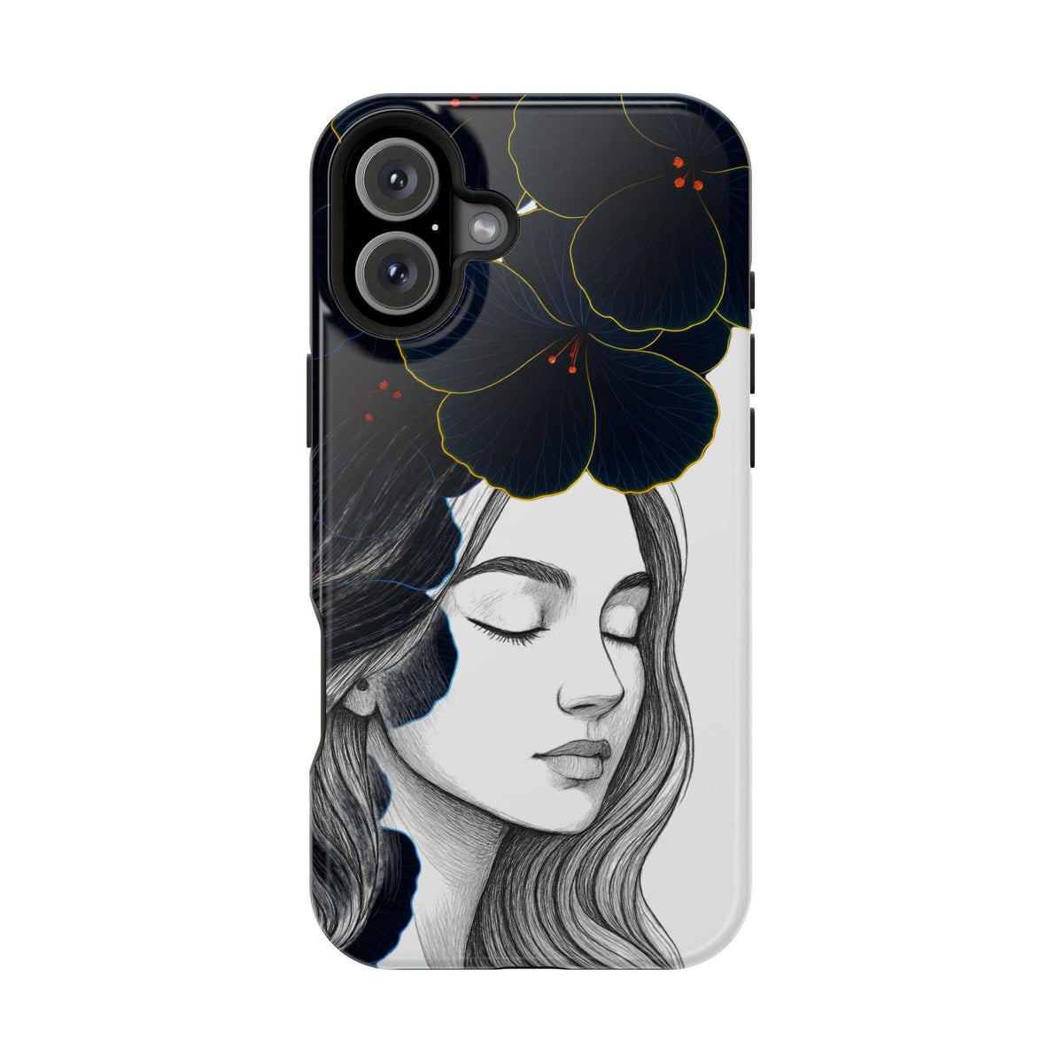 Dark floral phone case with side-profile woman artwork and dark floral accents on back