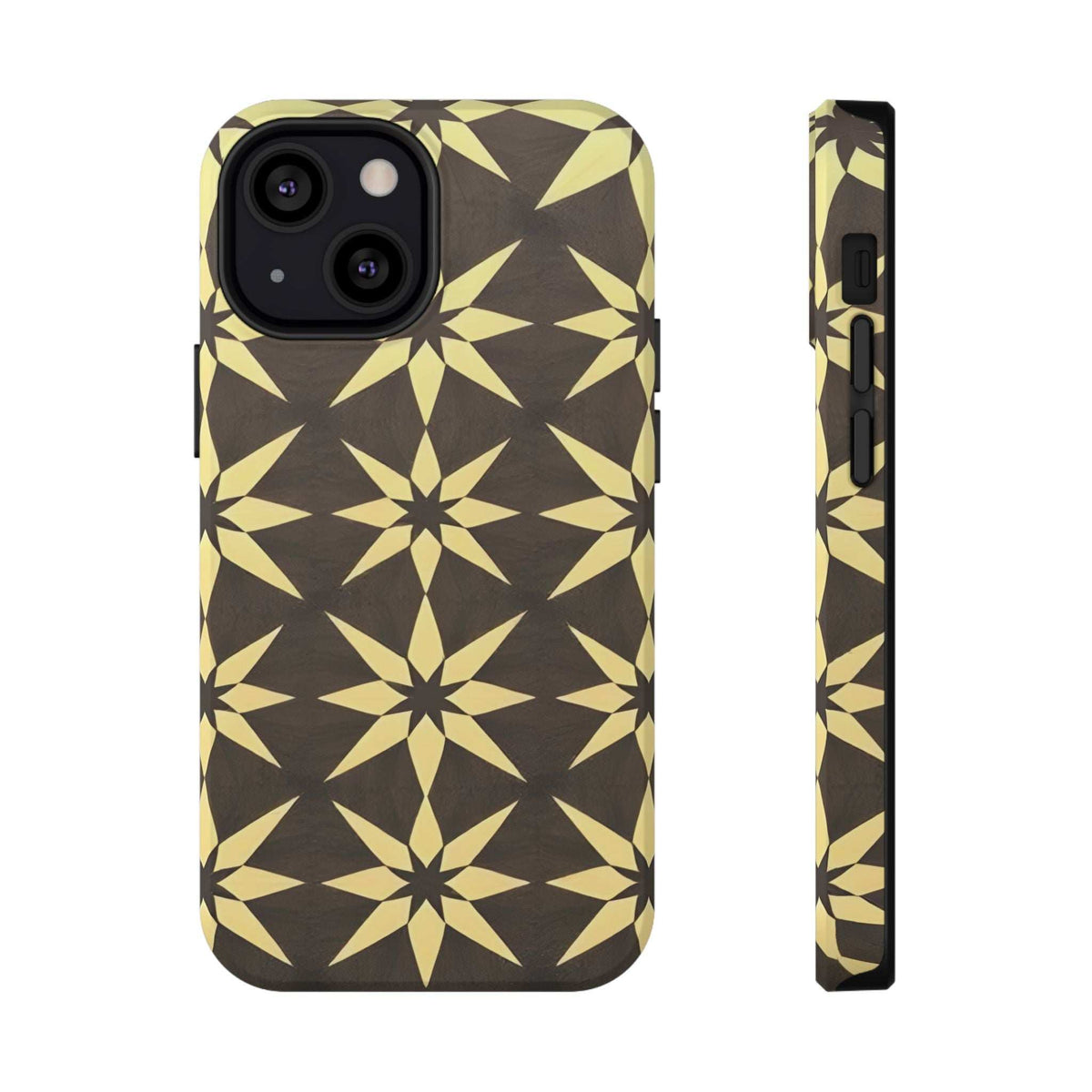 Star geometric phone case back with gold-and-black pattern; slim side view