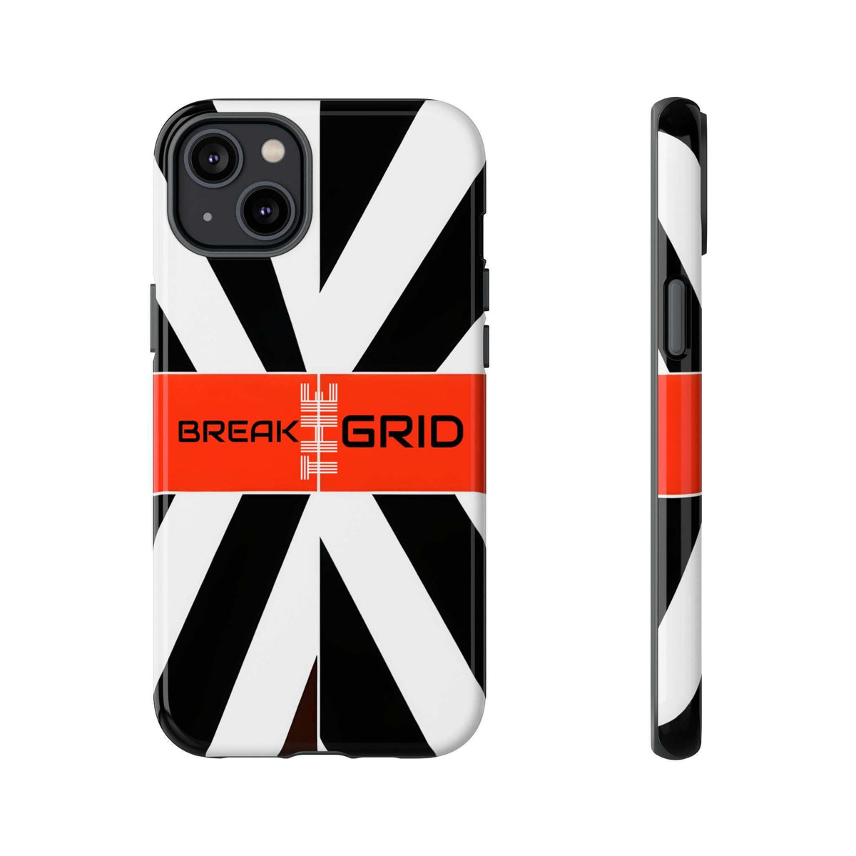 Phone case with black-and-white geometric stripes, red "Break Grid" band, front and side view.