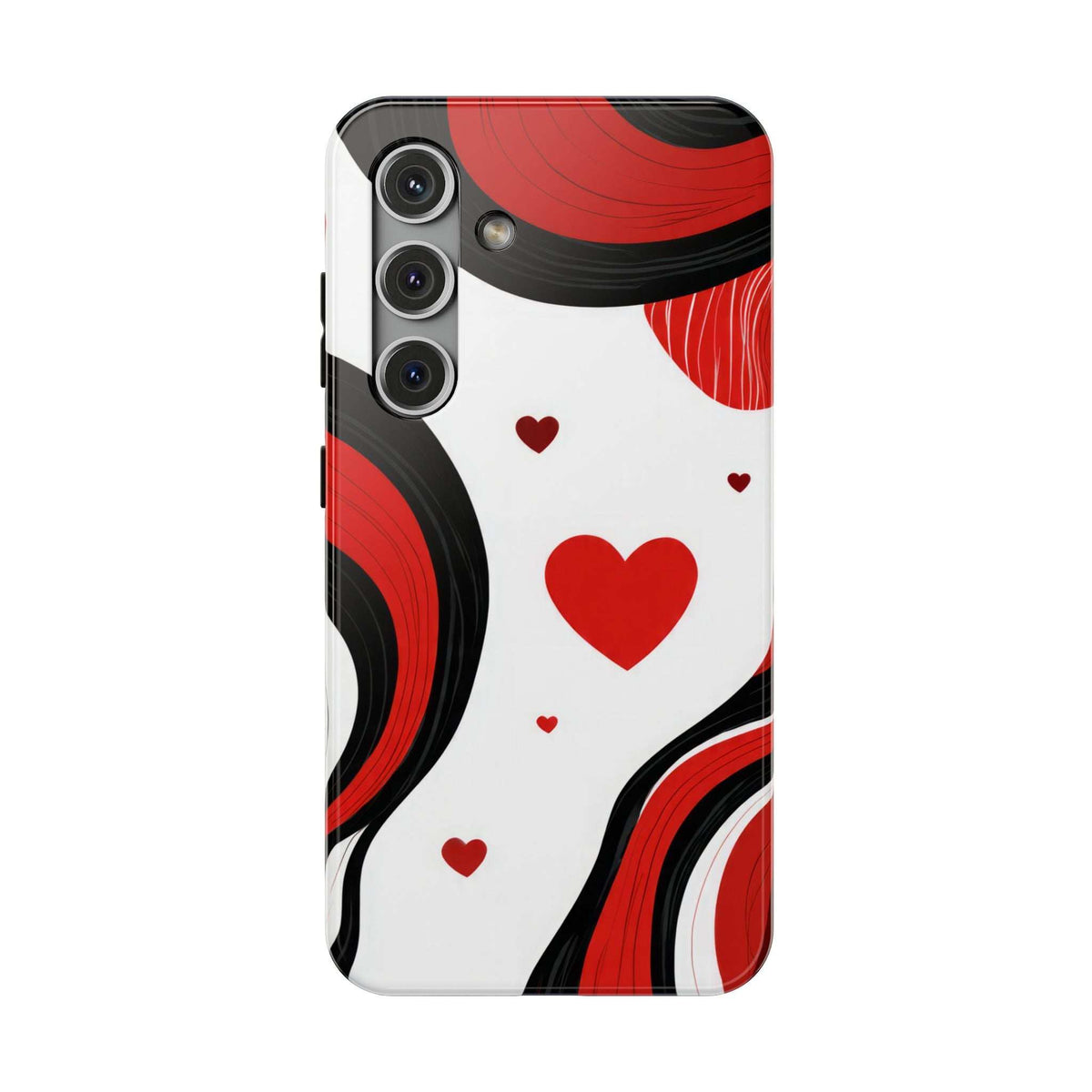 Glossy phone case with white base, red hearts, and red/black swirl pattern beside camera cutout