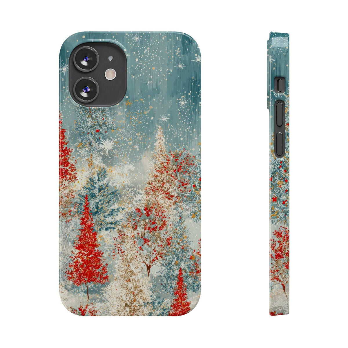 Snowy forest phone case with teal border and camera cutouts; side edge shows openings