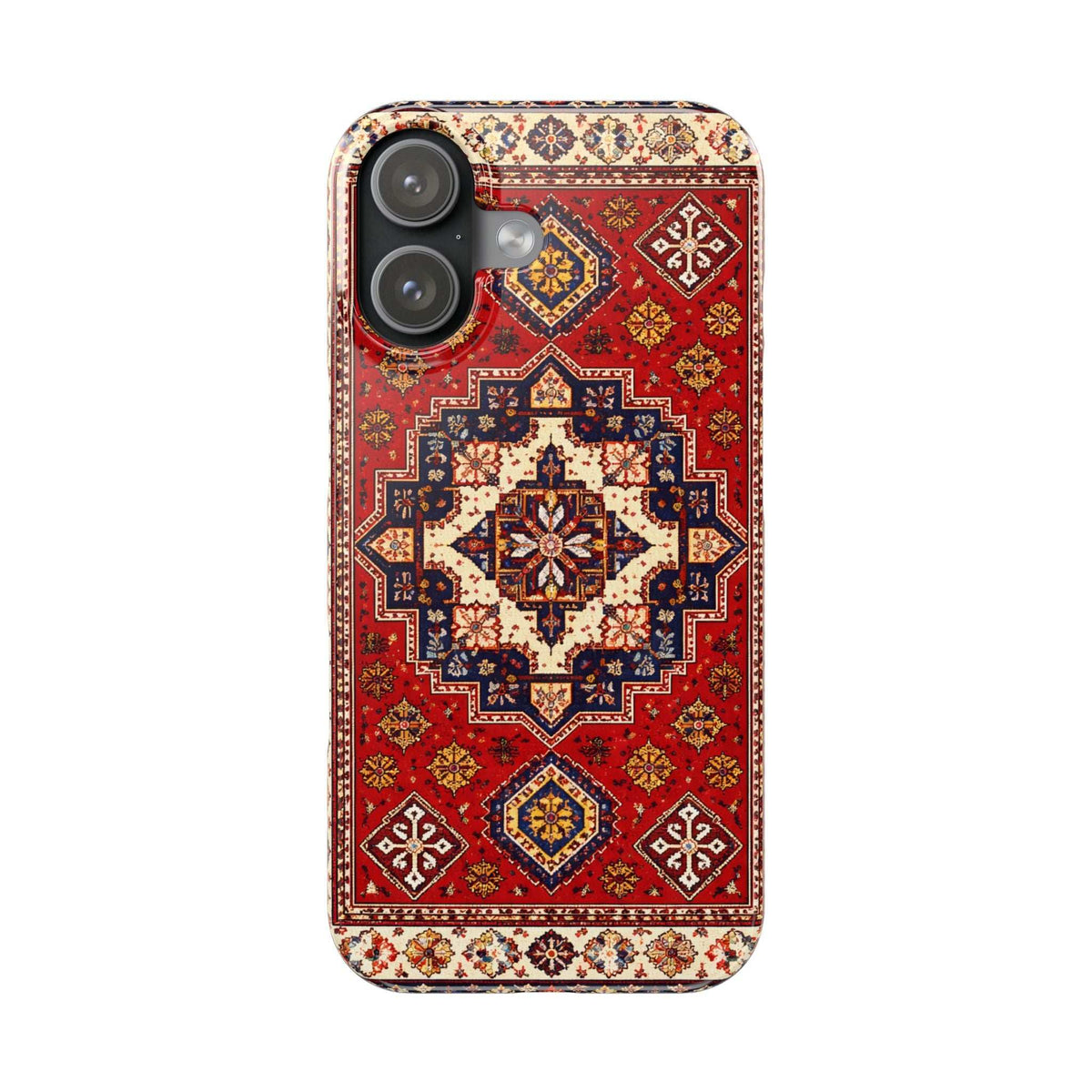 Armenian carpet patterned phone case, red and blue medallion design; side camera openings.