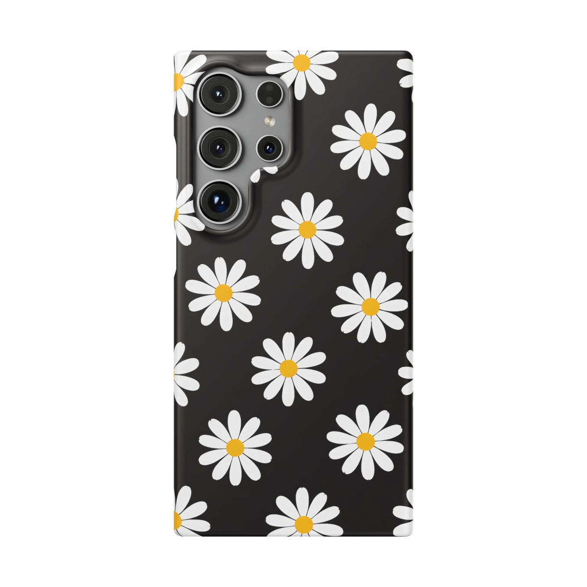 Black daisy phone case with white flowers and yellow centers; left-side camera module shown.