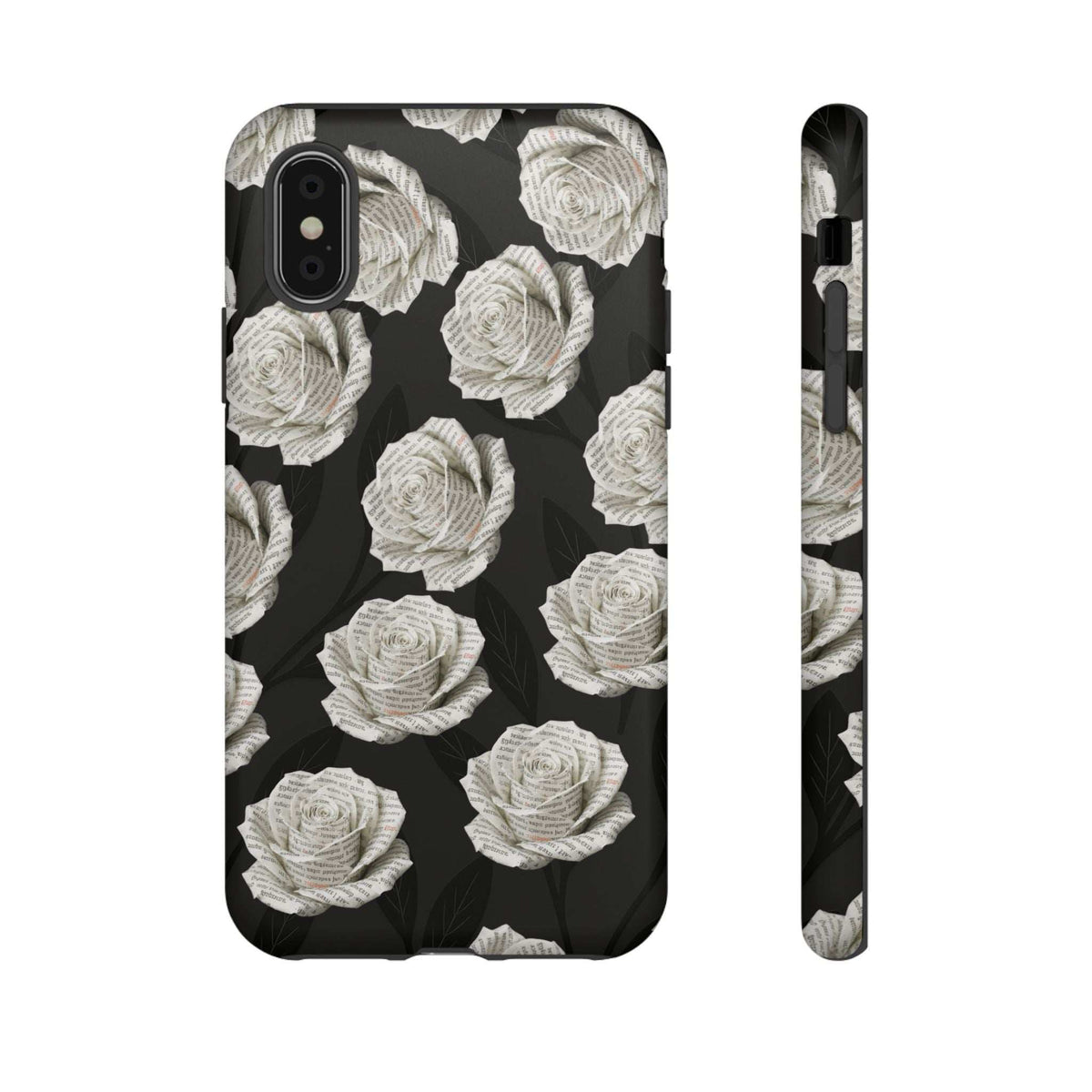 Black floral phone case with white rose print and camera cutout, thin side profile visible