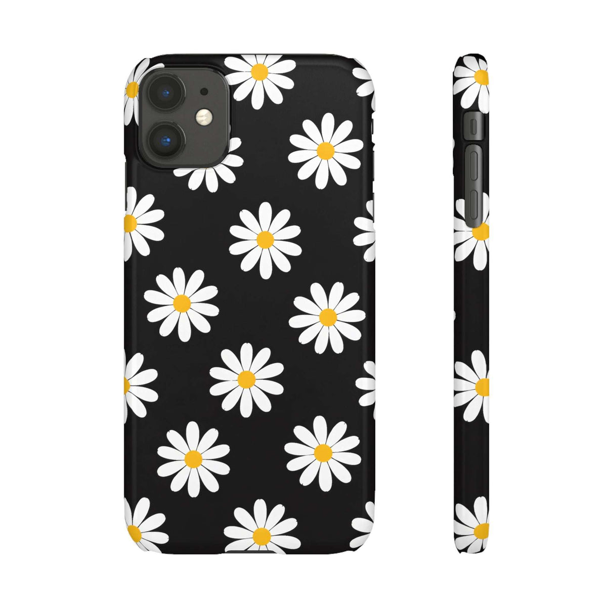 Black daisy phone case with white flowers and yellow centers, plus matching side profile view.