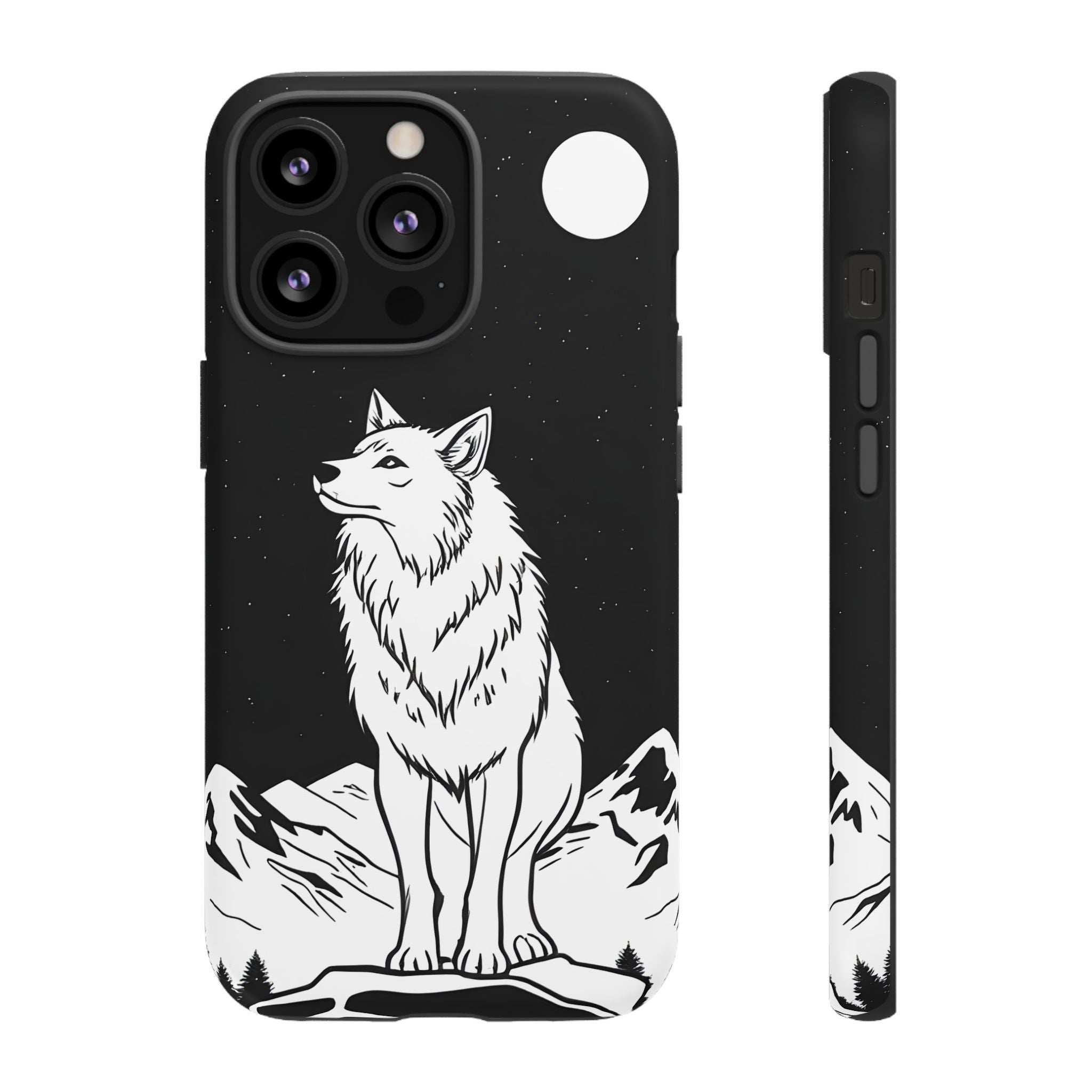 Wolf phone case, black with white wolf illustration and star speckles; side buttons shown