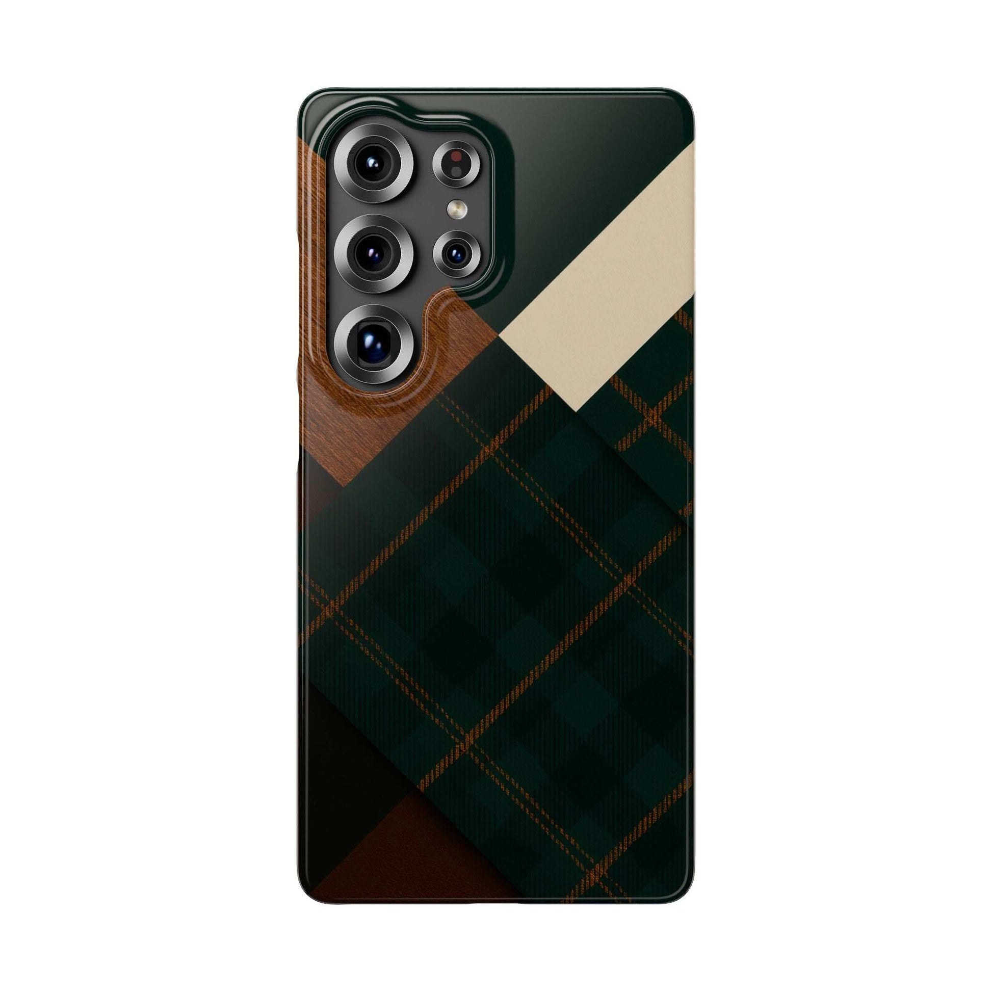 Rustic green phone case with wood grain, plaid pattern, and camera cutouts