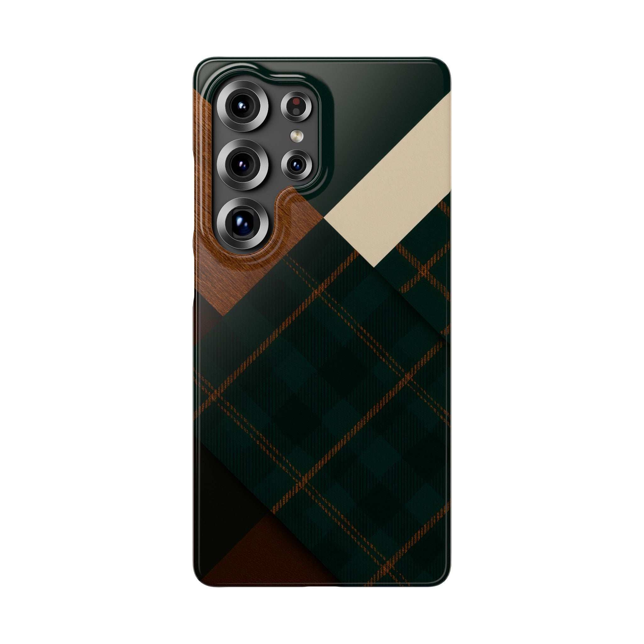 Rustic green phone case with wood grain, plaid pattern, and camera cutouts