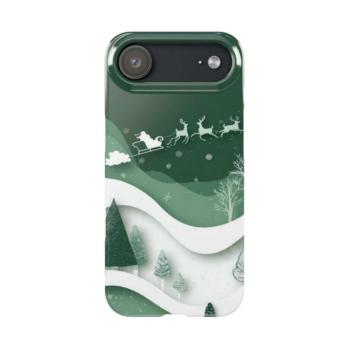 Green evergreen phone case with white wave design, trees, sleigh, and reindeer silhouettes.
