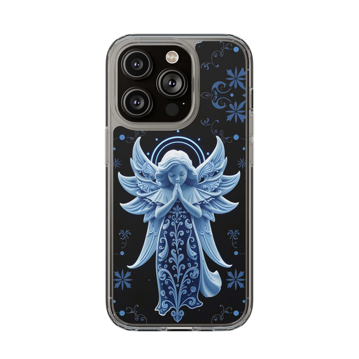 Clear phone case featuring a blue angel praying illustration with filigree details