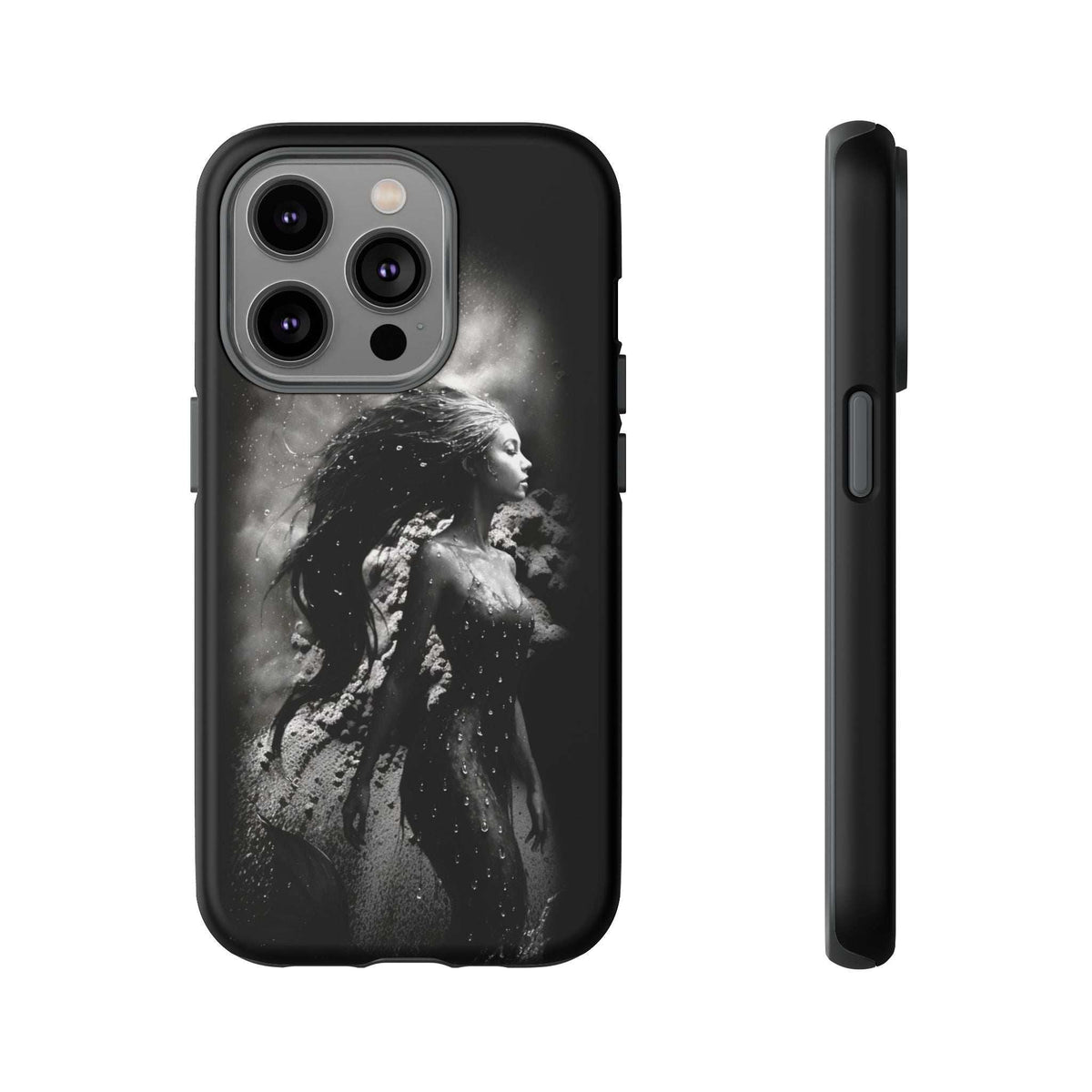 Black monochrome mermaid phone case with three-camera cutouts and slim profile