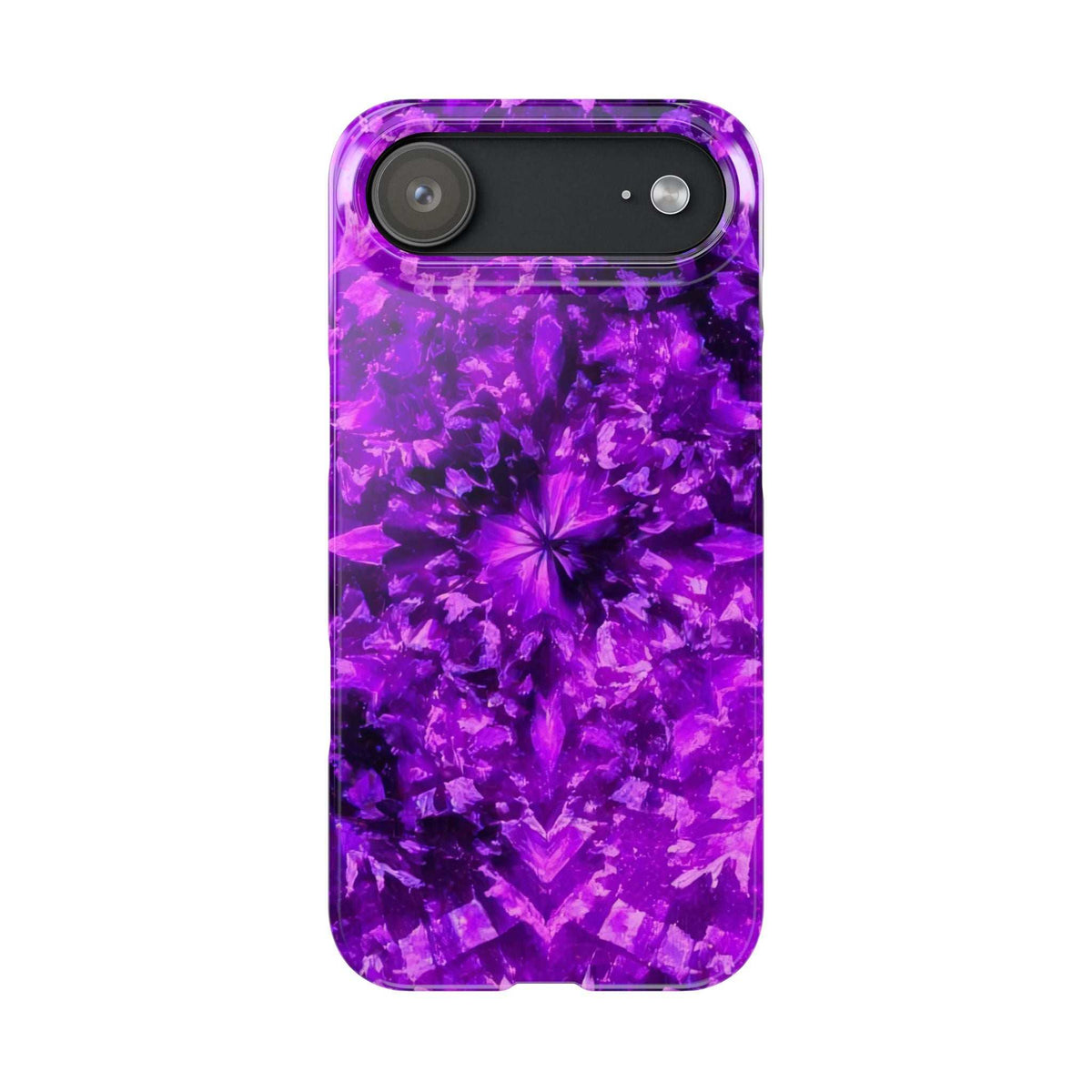 Purple kaleidoscope phone case with side cutouts and centered flower burst pattern