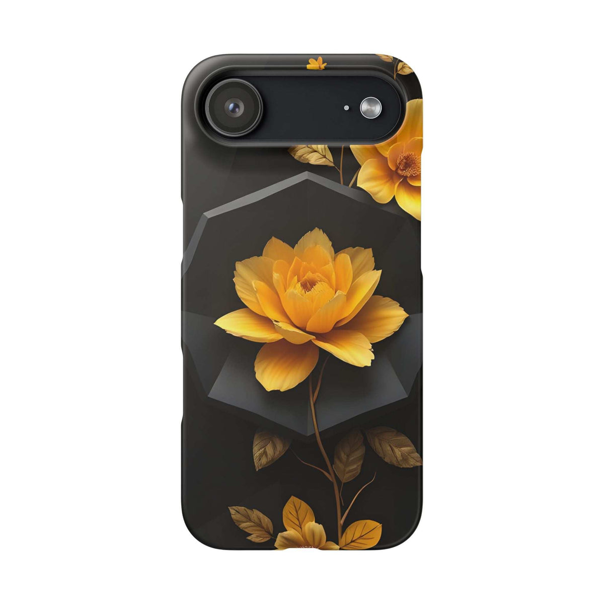 Black phone case with yellow peony flower and leaves, camera opening on top