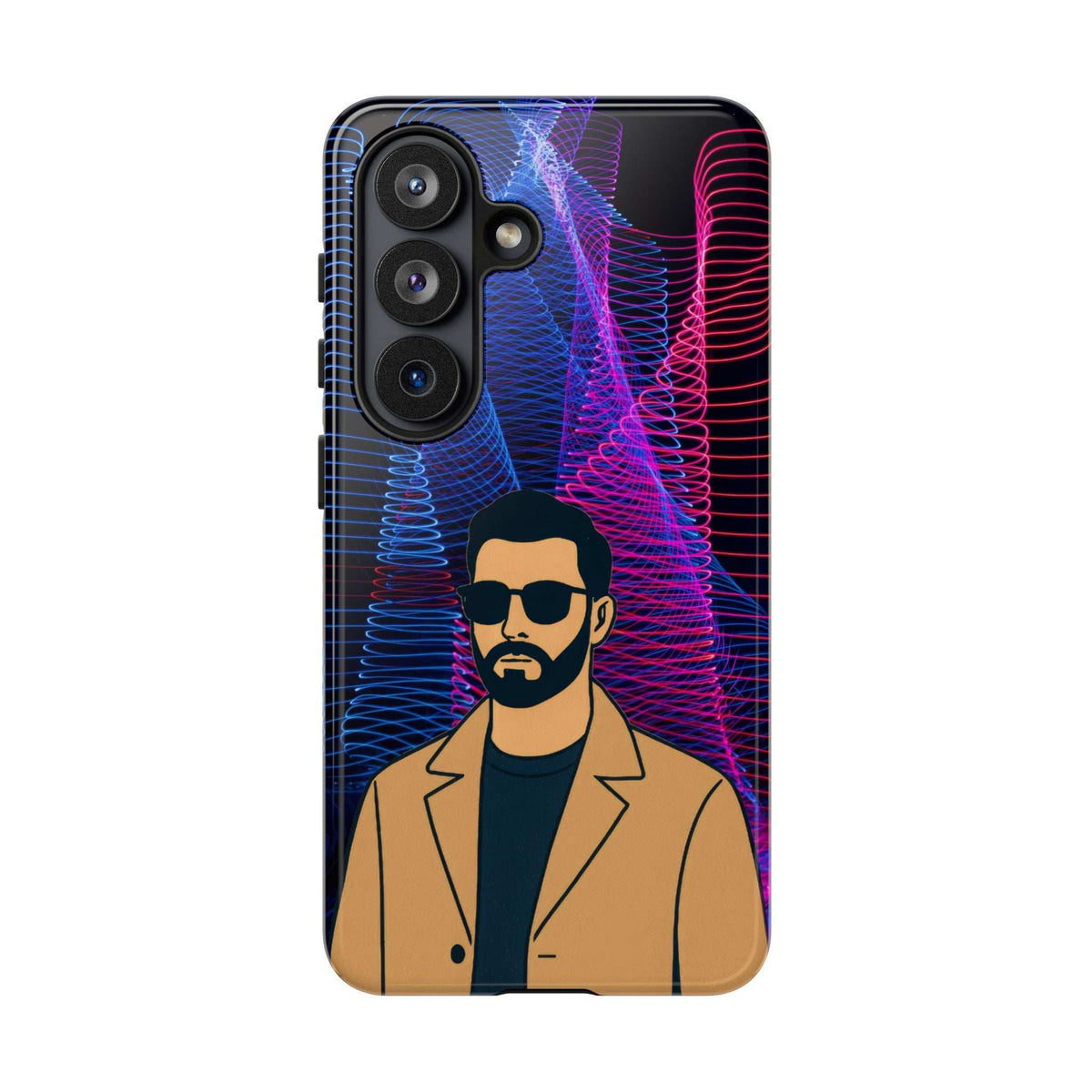Glossy phone case front with bearded man illustration and neon blue/pink contour waves