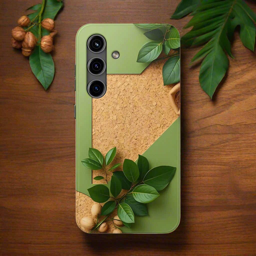 Eco-Inspired Tough Phone Case – Cork Texture with Leaf & Seed Design for iPhone 7-16 and Samsung Galaxy S21-S24 - KarArmDesign