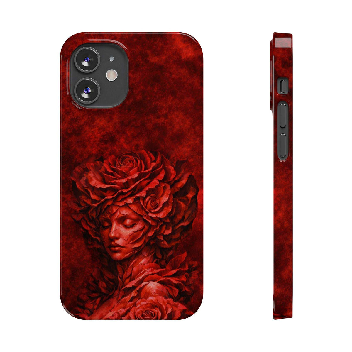 Red slim iPhone case featuring rose-and-woman face artwork; side profile with openings.