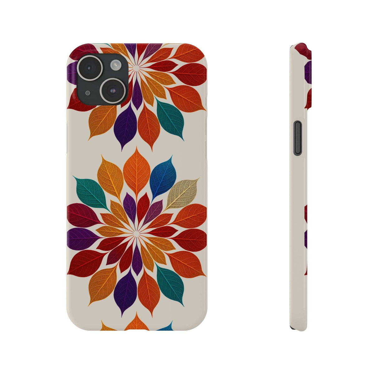Leaf mandala phone case front view featuring multicolor leaves mandala and lens openings