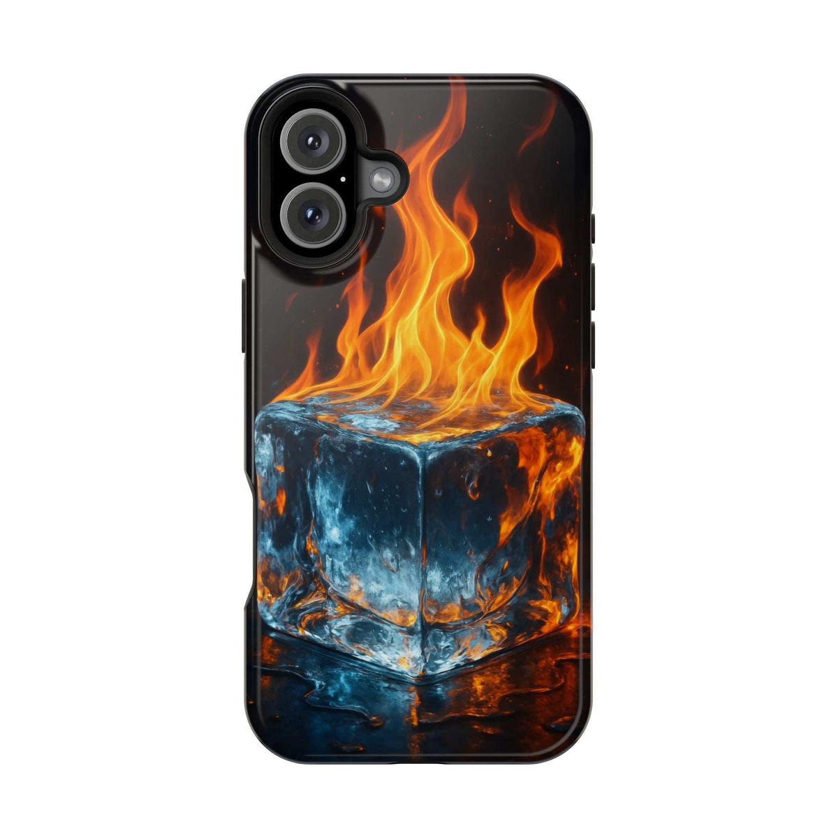 Flame ice phone case with bright orange flames and blue ice skull, glossy black back