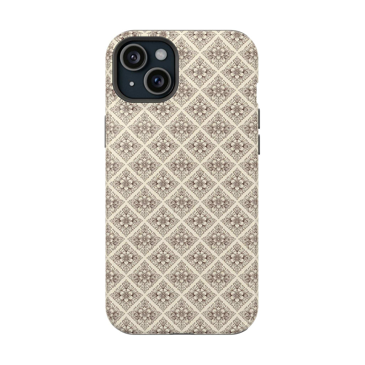 Ornate phone case for iPhone 13-17, cream diamond floral design with raised camera window