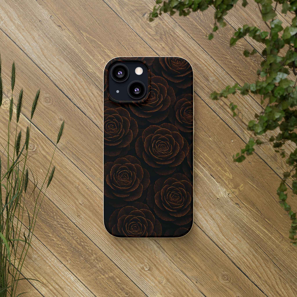 Wooden rose phone case with dark spiral rose pattern and dual camera cutouts