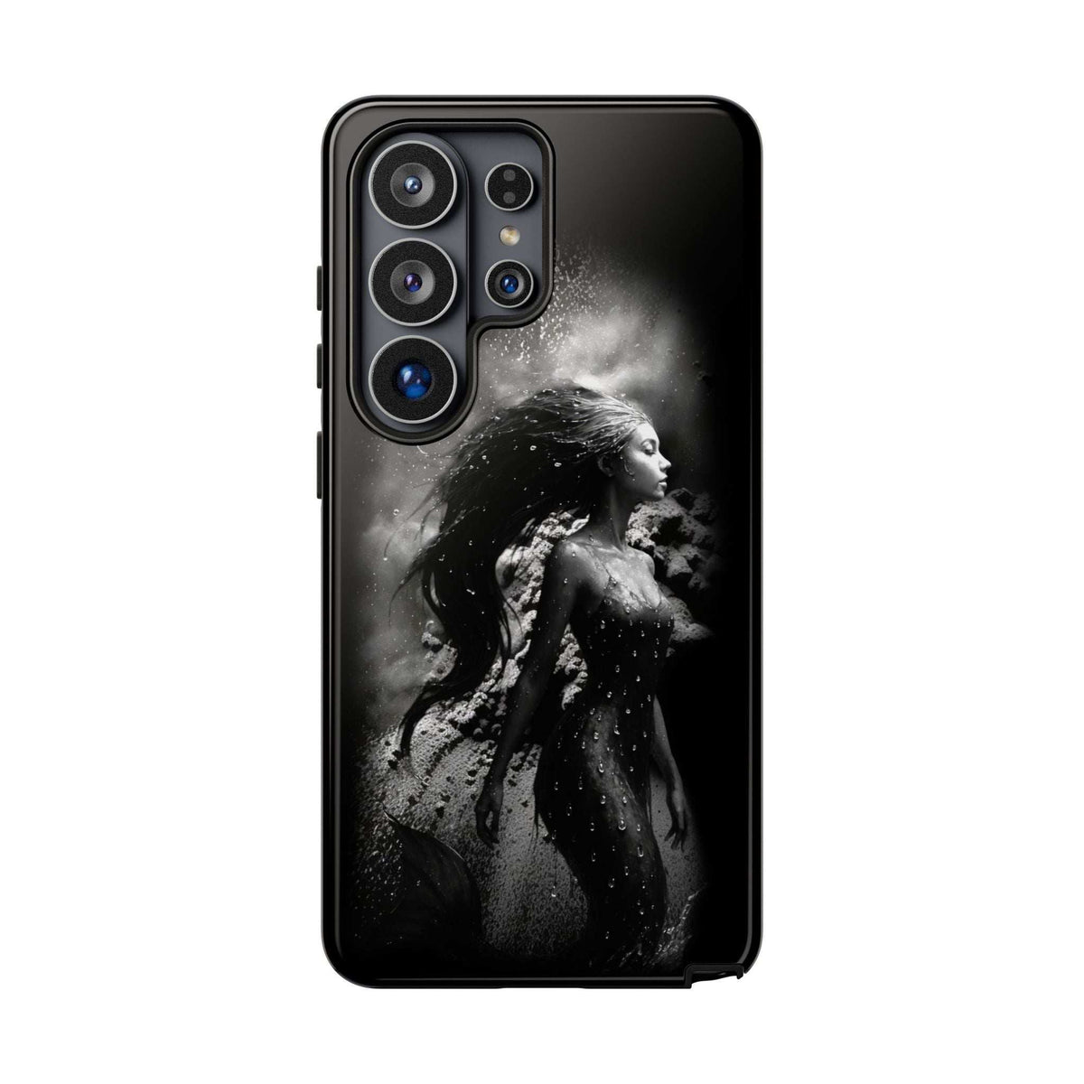 Black mermaid-themed phone case with quad-camera cutout