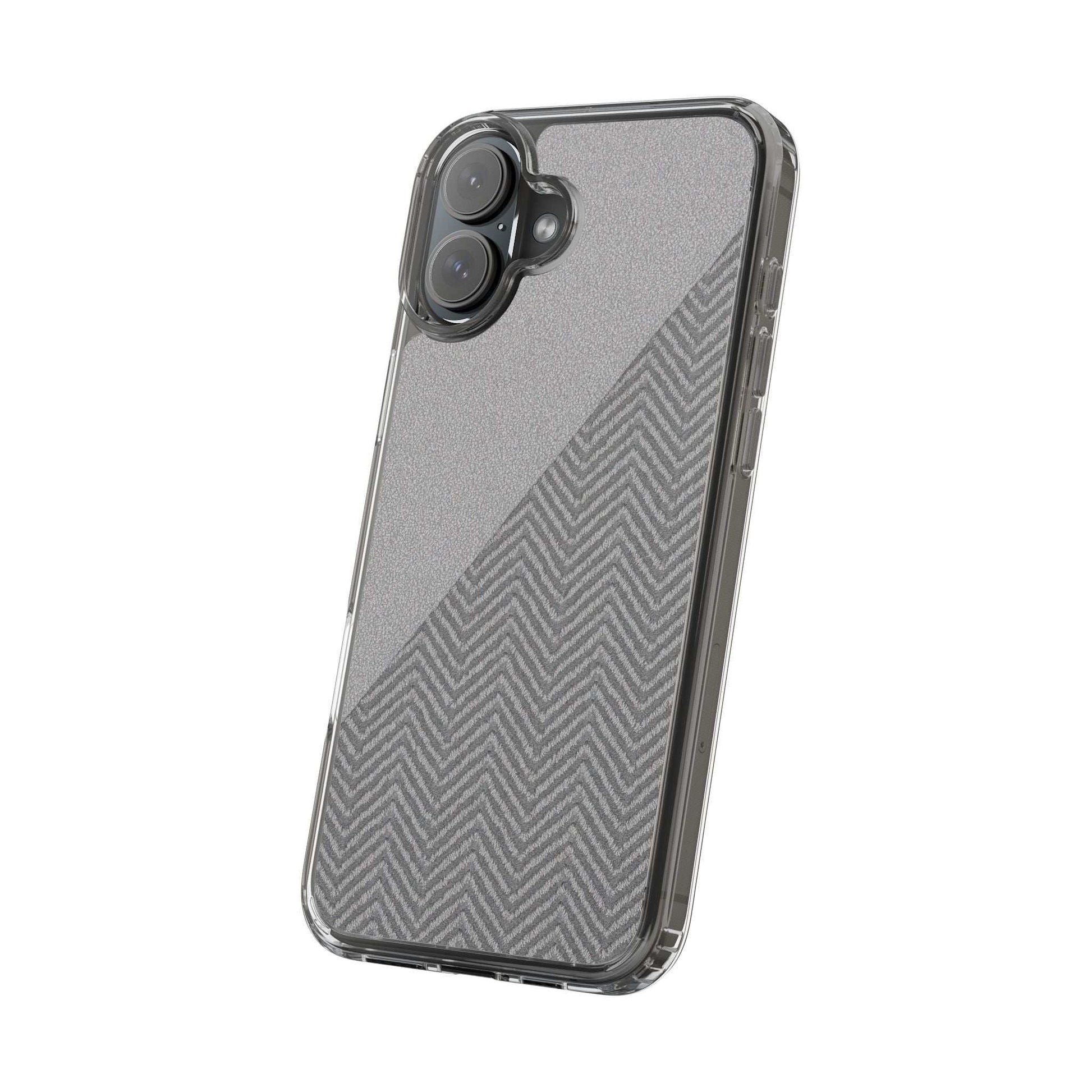 Dark herringbone tough phone case with diagonal herringbone texture and clear bumper edges