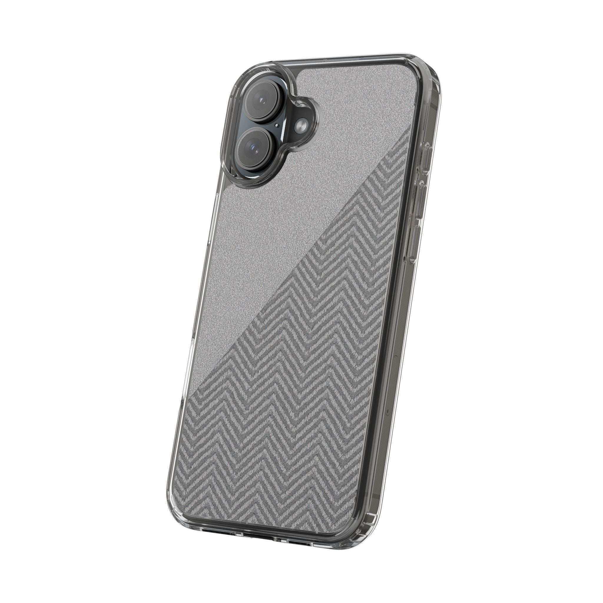 Dark herringbone tough phone case with diagonal herringbone texture and clear bumper edges