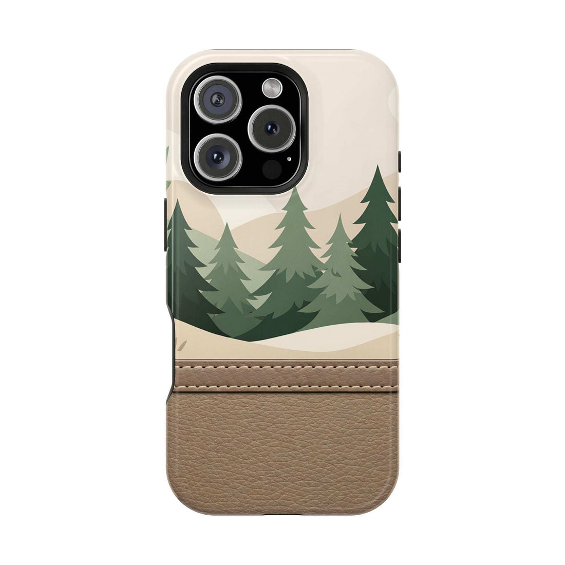 Leather-look phone case with pine tree print, beige top and brown bottom with camera cutouts.