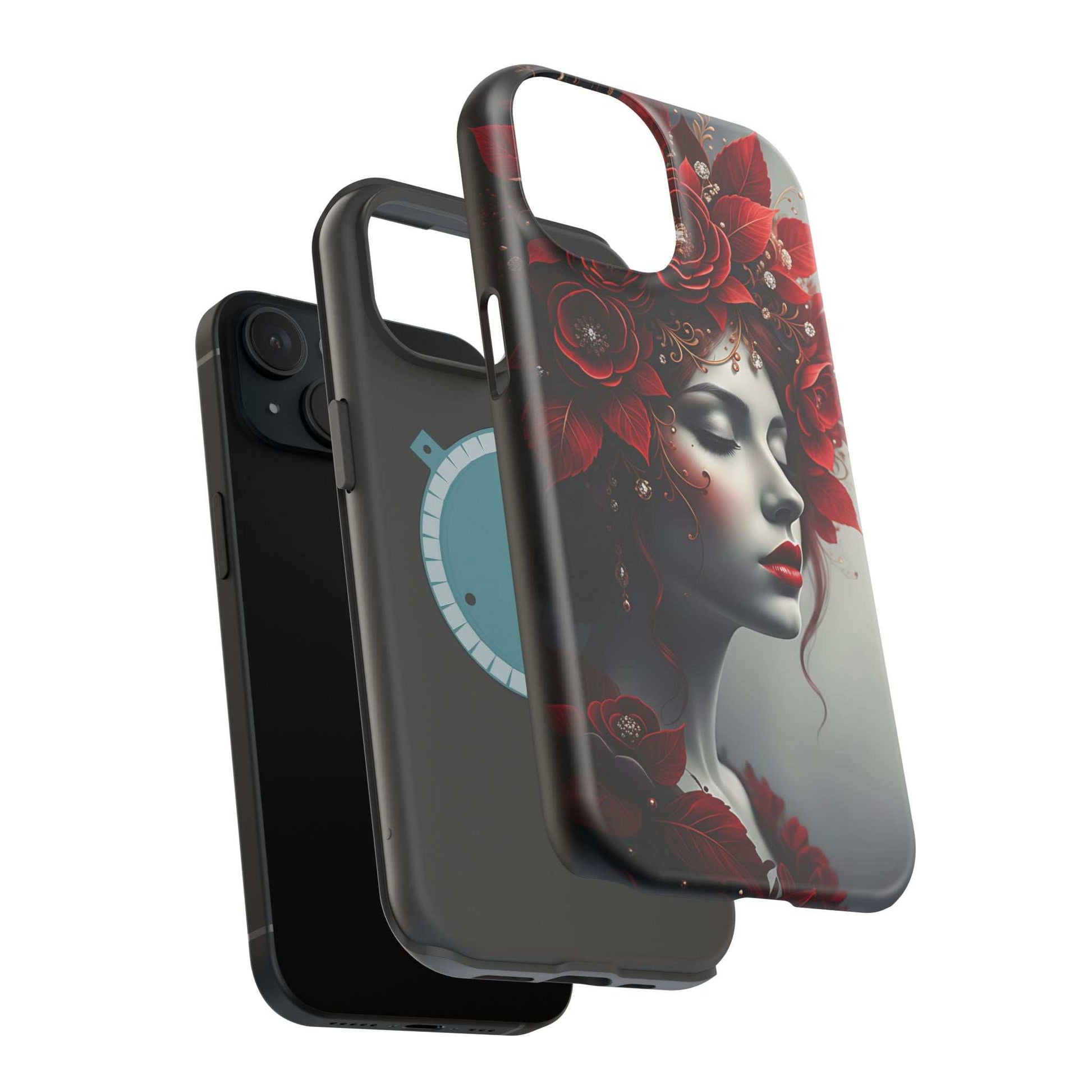 Slim portrait phone case with red floral woman art and blue pendant, angled side view