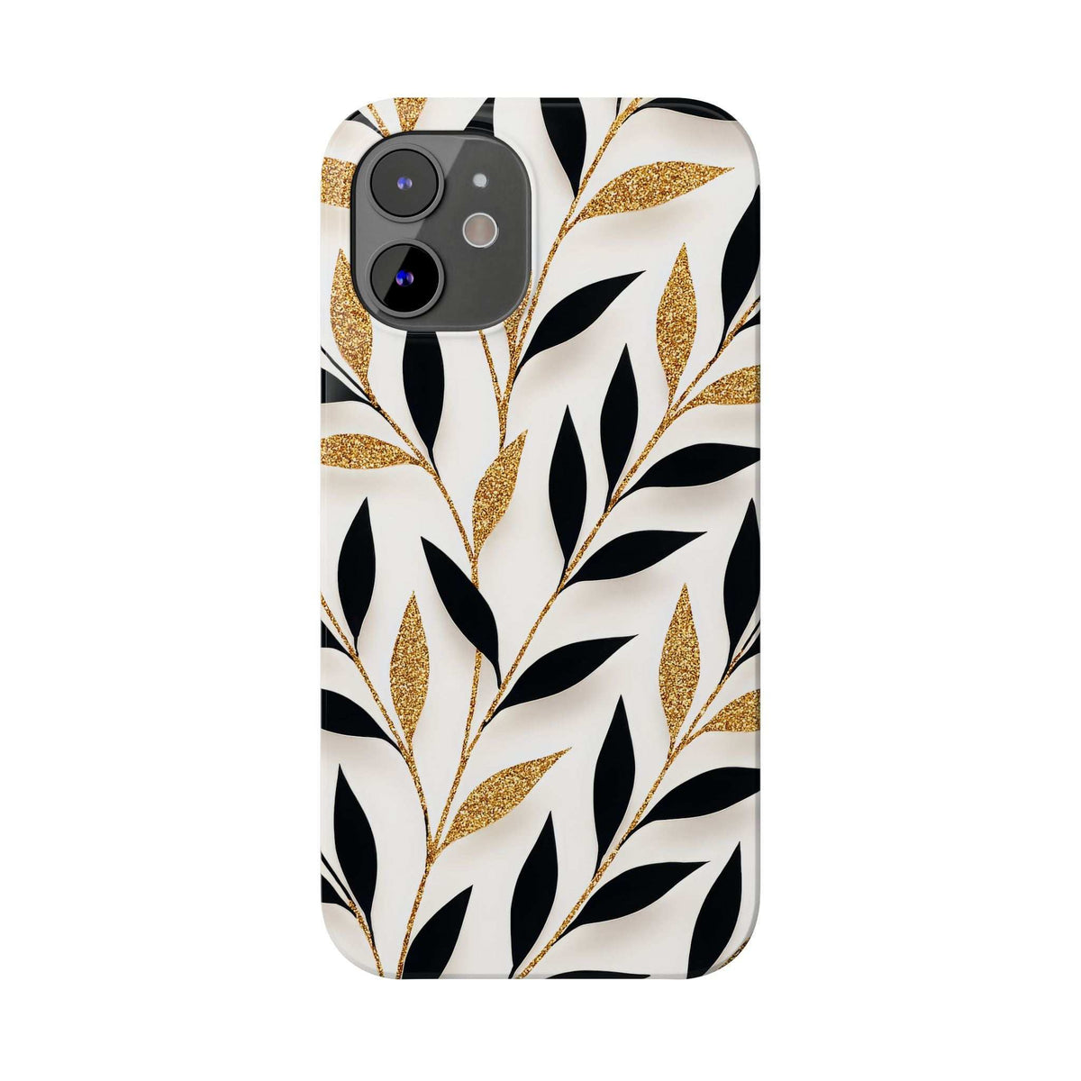 White botanical leaf phone case with black-and-gold design and rear camera opening