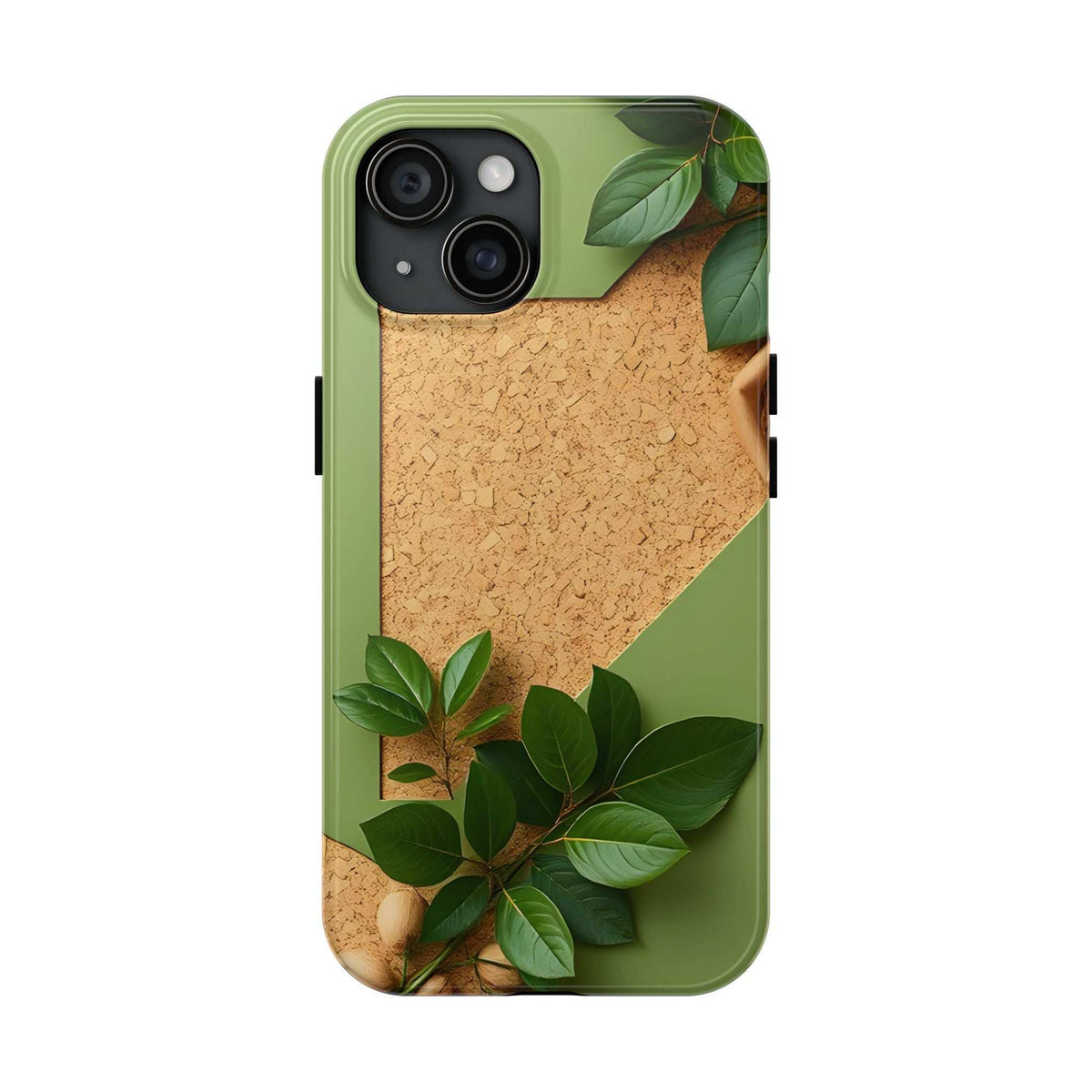 Green eco phone case with cork-like texture and leafy accents; camera lens openings