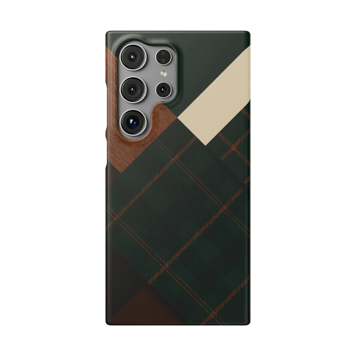 Green plaid phone case with tan diagonal stripe and brown patch, multi-lens rear camera openings