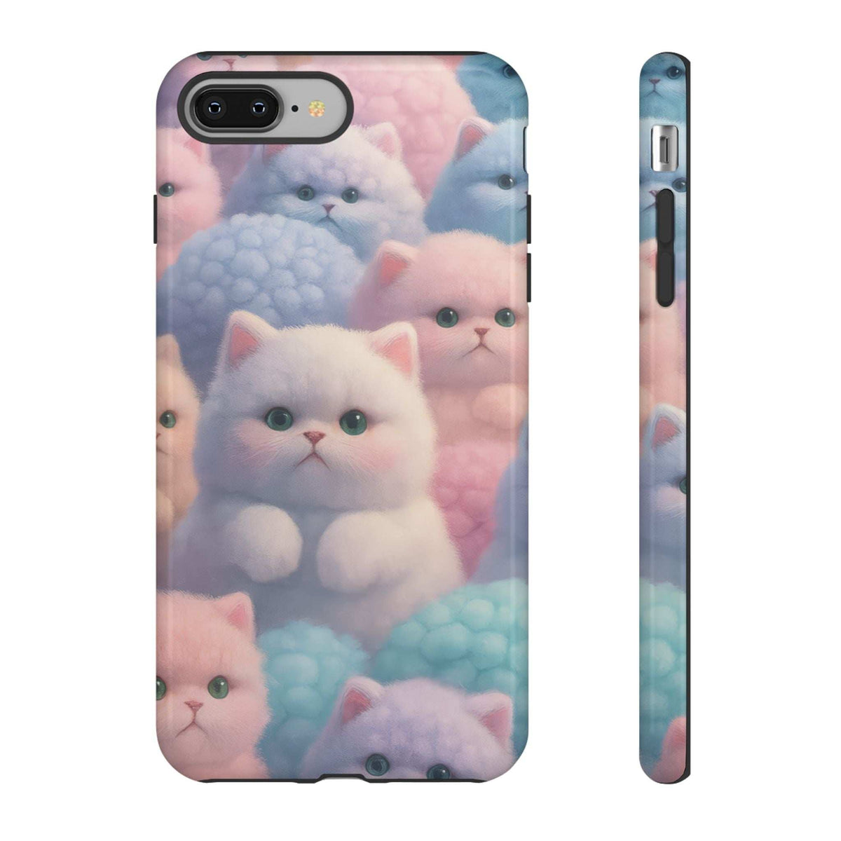 Glossy pastel kitten phone case with cat faces, front view and thin side strip