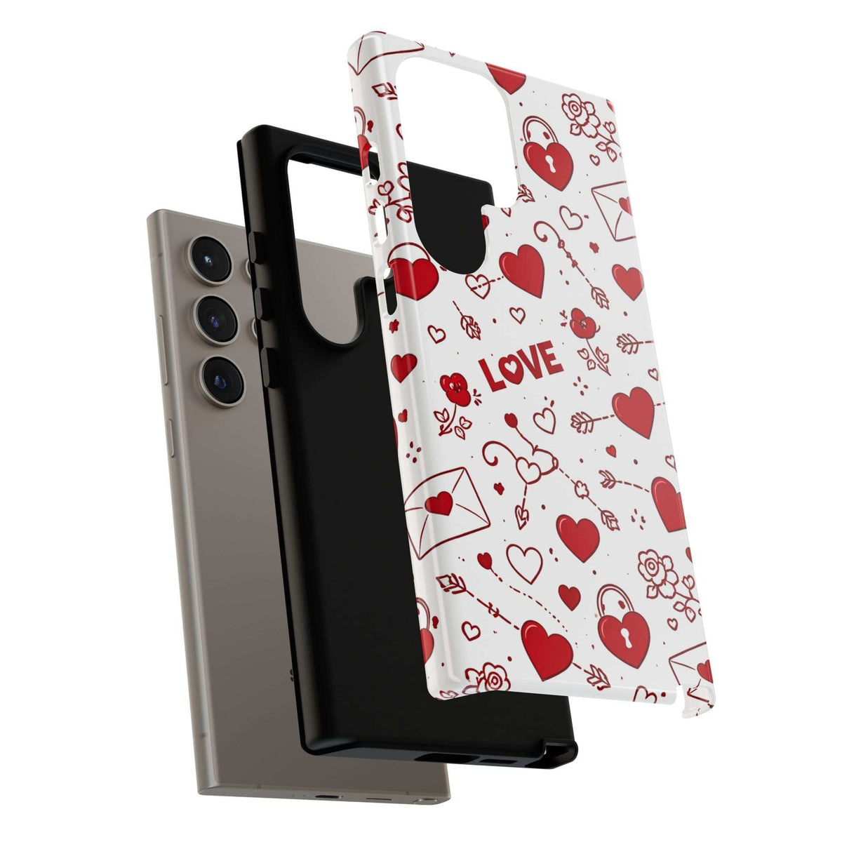 Glossy white phone case with red hearts and “LOVE,” showing front case opening