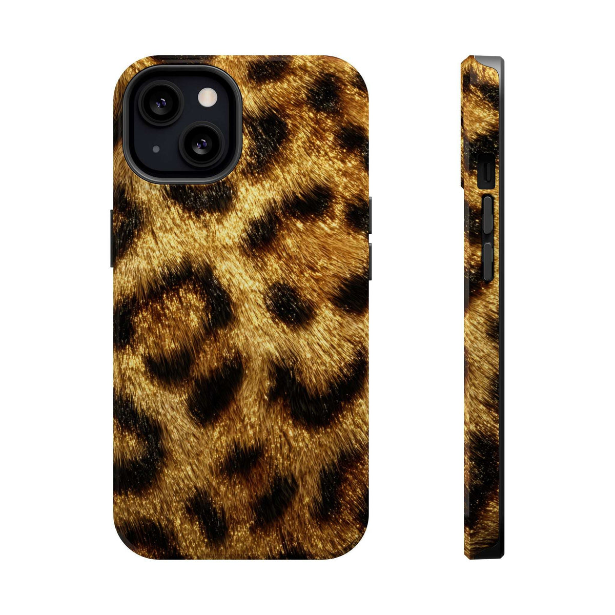 Leopard print phone case, glossy yellow and black pattern; side profile shows button cutout
