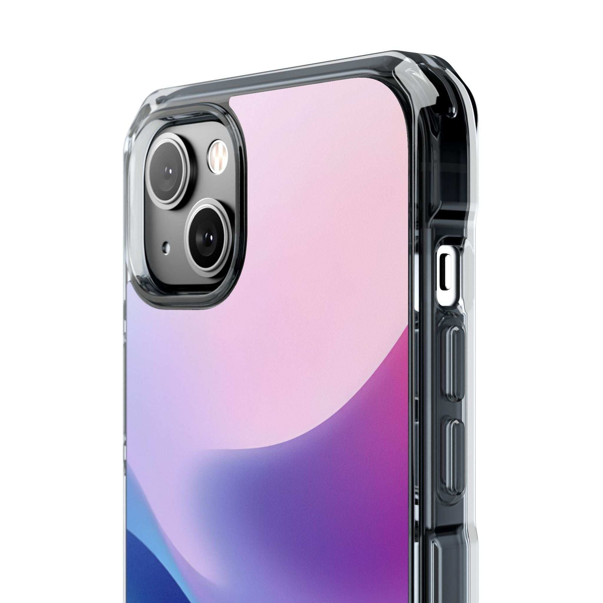 Clear-frame pastel wave phone case with raised camera cluster and side protection.